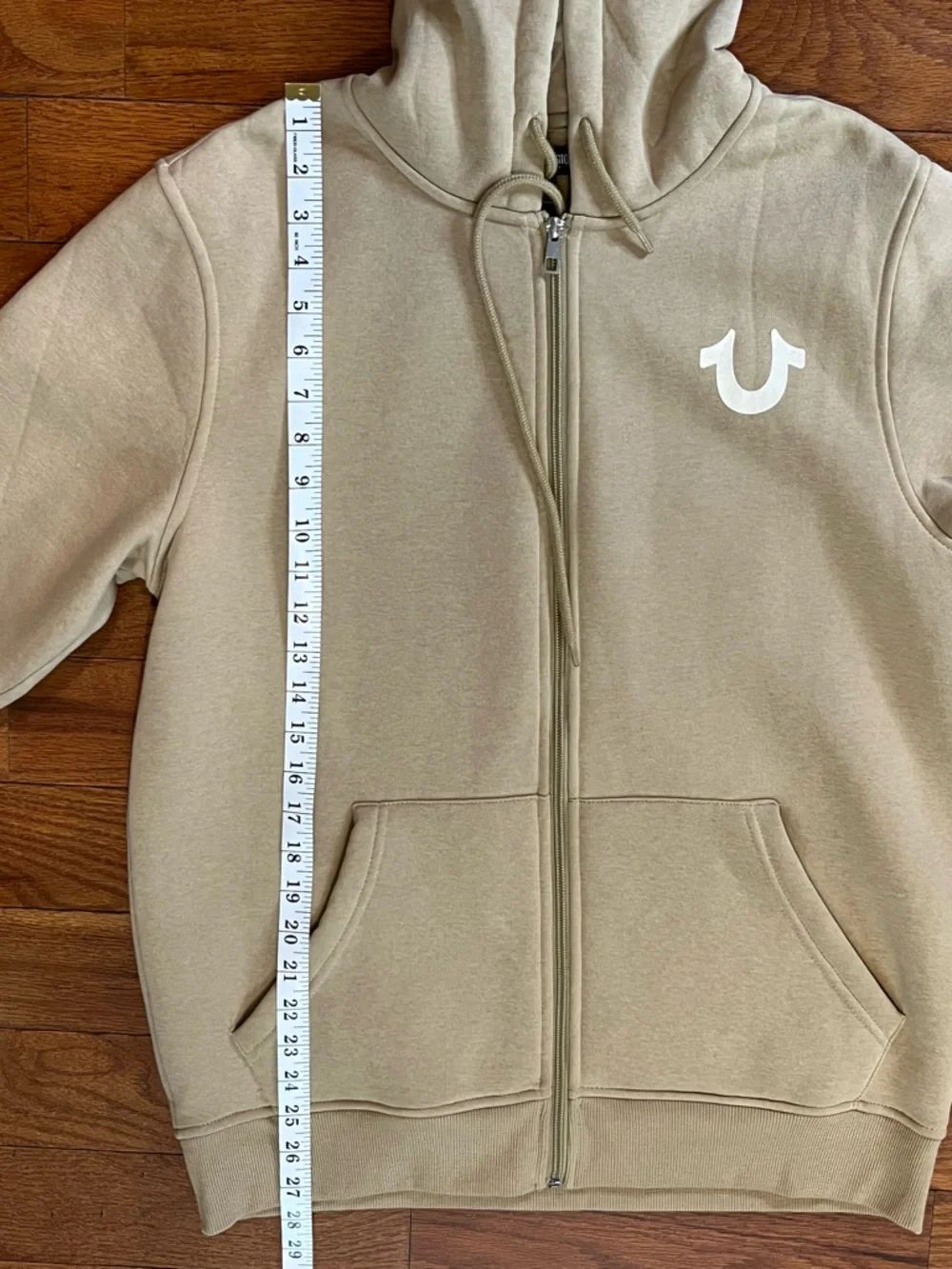 True Religion Big Horseshoe Flock Zip Hoodie Tan Men's M Graphic Streetwear Logo
